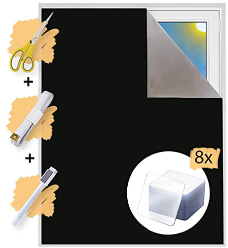 Verdunklungsstoff Meterware | Hitzeschutz oder Kälteschutz | Sonnenschutz zu 100% Verdunkelung | Folie mit Thermobeschichtung für alle Fenster | Rollo ohne bohren | Blackout (Schwarz mit Nano Pads)