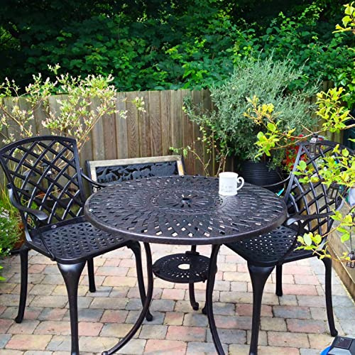 Lazy Susan 88 cm Runder Mia Gartentisch in Antik Bronze mit 2 Emma Stühlen, Ohne Sitzkissen | Nachhaltiges Sandguss-Aluminium | Wetterfest | Rostfrei | Wartungsarm | 3 Jahre Garantie