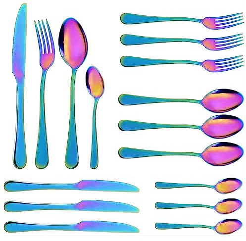 KMYC 16 Piece Stainless Steel Cutlery Set, Service for 4, Rainbow | Includes Dinner Knives, Forks, Spoons, Comfortable Grip, Dishwasher safe, 18/0 Stainless Steel Tableware for Everyday Dining