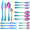 Rainbow Cutlery Sets, 16 Piece Mixed Knives and Forks Set Reusable Tableware, Kitchen Stainless Steel Dinner Knife, Fork and Spoon for 4
