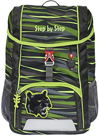 Step by Step Rucksack-Set Kid „Wild Cat Chiko“, mit Sitzkissen, ergonomischer Mini-Ranzen mit höhenverstellbarem Brustgurt, für Kindergarten, Vorschule und Freizeit, 13 l, grau-grün-schwarz