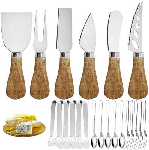 Charcuterie Board Accessories Set - Stainless Steel Spreader Knives with Wooden Handles, Mini Serving Tongs, Spoons & Forks for Parties, Weddings & Holidays (6pc Knives + 15pc Tools)