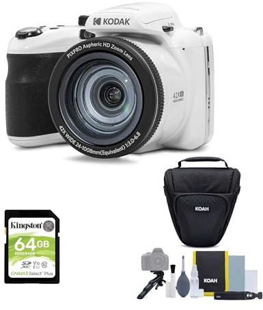 Kodak PIXPRO AZ425 - Fotocamera digitale Astro Zoom da 20 MP con zoom ottico 42x (bianco) Bundle con scheda SD da 64 GB e kit di accessori (3 pezzi)