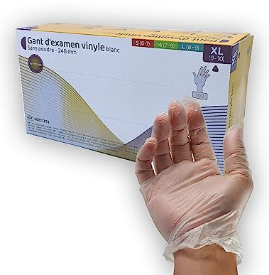 Parmadis Guanti da esame in vinile bianco senza polvere Confezione da 100 (taglia XL/taglia 9:10)