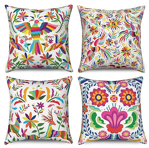 Hnmdmyi Housse de Coussin Fleurs 40x40 Set de 4, Mexicain Coloré Oiseaux Ethniques Fleurs Décoratives Taie d'oreiller Art Esthétique Lin Housse de Coussin pour Canapé Lit Jardin Extérieur Home Decor