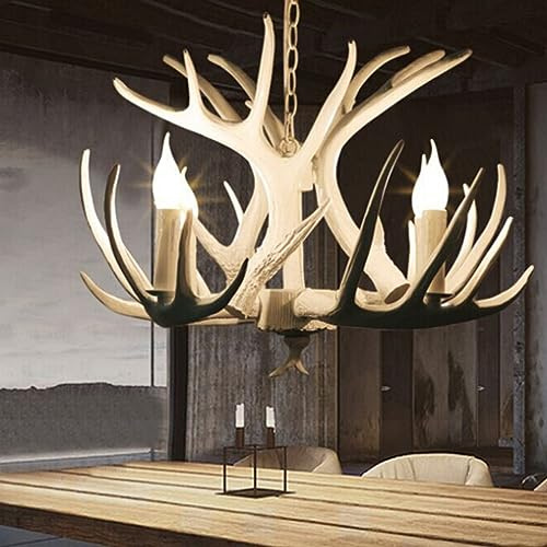 4-Kopf 63cm E14 Retro Geweih Retro Stil Große Geweihlampe, Wohnzimmer, Schlafzimmer, Esszimmer, Bauernhaus, Ferienhaus, ländliches Kunstharzgeweih Kerze Deckenleuchte Kronleuchter aus Hirschhorn