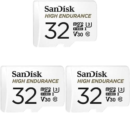 SanDisk High Endurance Video Monitoring for Dashcams & Home Monitoring 32 GB microSDHC Memory Card + SD Adaptor, Up to 100 MB/s Read and 40 MB/s Write, Class 10, U3, V30, White (Paquete de 3)