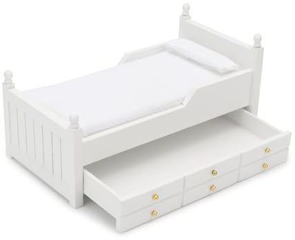 Dollhouse Miniature Bed with Drawer 1:12 Wooden Furniture European Bedroom Bedding Furniture Accessories with Pillow & Mattresses Vintage Floral Fabric Mini House Decoration