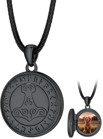 FaithHeart Kupfer Foto Anhänger für Herren Männer, Schwarz Medaillon mit Wikinger Thors Hammer Symbol, Wikinger Amulett mit Bildanhänger für Geburtstag Weihnachten Halloween
