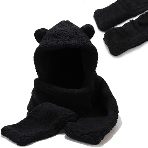 Umeepar Winter Bear Ear Sherpa Hood Hat Scarf Gloves 3 in 1 Hooded Scarf for Women Men (Black)