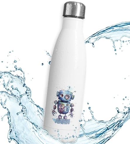 timalo® Thermosflasche personalisiert mit Namen auslaufsichere Edelstahl Trinkflasche Wasserflasche für Kinder Mädchen Jungen 500mL | Roboter