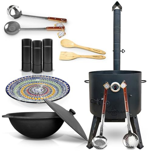 Utschak Feuerofen mit Thermometer Schornsteinverlängerung, Gusseisen Topf runder Boden mit Deckel (22 L) Schaumlöffel, Schöpfkelle, Holzlöffel, Holzspachtel, Lagan KazanoFF, Учаг, Kazan (Set 6)