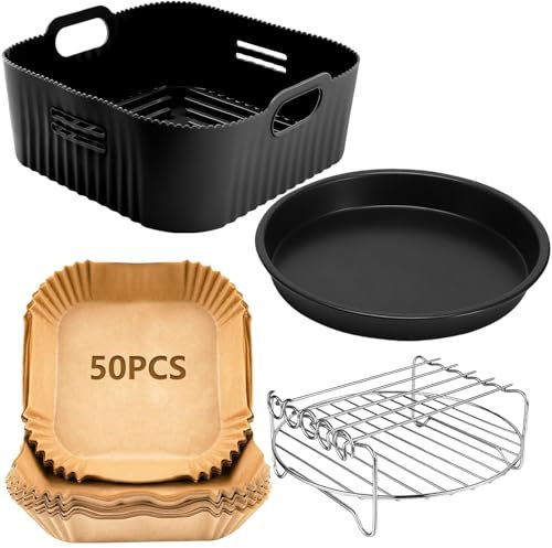 23CM Accessori Friggitrice ad Aria per COSORI 6L/6,2L/6,4L, Cecotec 7,6L, 4PCS Quadrati Teglia per Friggitrice ad Aria con Silicone Cestino, Griglia, Vassoio Pizza, Carta Forno
