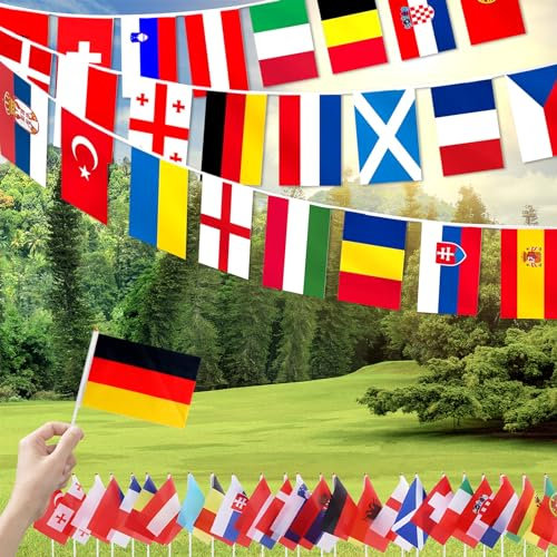 HEDMON Bandiere Euro 2024,Euro Decorazioni 2024 Bandiere di 24 Paesi Bandiere a Corda Bifacciale 8M Bandierine da Calcio Decorazioni per Bar, Calcio, Ristorante 14 x 21 cm