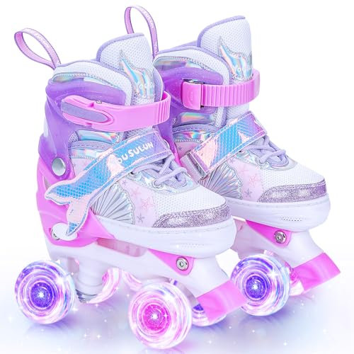 Rollschuhe Kinder 4 Größen Verstellbar Rollerskates mit Leuchtenden Rädern Schuhe mit 4 Rollen für Mädchen, Jungen und Anfänger