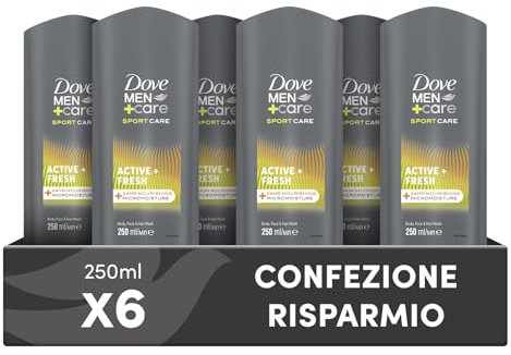 Dove, Doccia Dove Men+Care Sports Active, Docciaschiuma Uomo 3 in 1 Idratante Corpo, Viso e Capelli, con Tecnologia MicroMoisture, Dona 24 Ore di Idratazione, 6 Pezzi da 250 ml