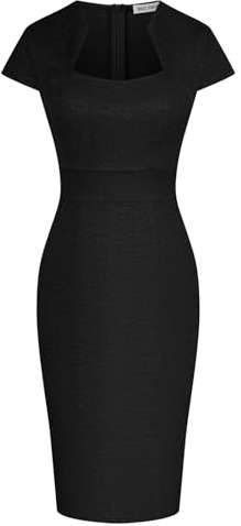 Women's Elegant Cap Sleeve Tweed Plaid HIPS-Wrapped Pencil Dress for Lady Black