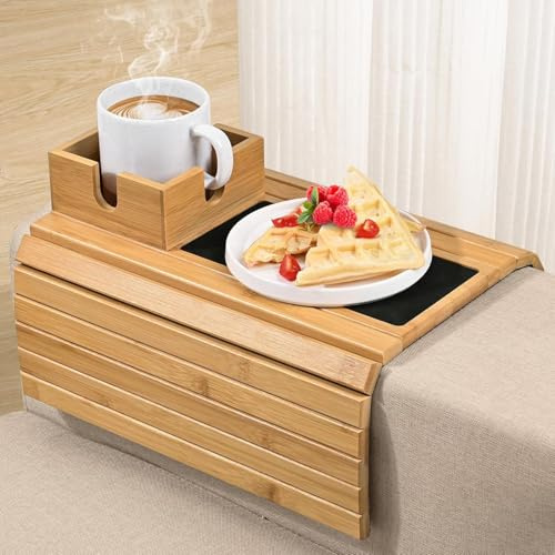 Joy&Grace Sofa-Armlehnentablett mit großem Becherhalter, Couch-Armlehnentablett aus Bambus, Rutschfester Couch-Getränkehalter, Faltbarer Sofa-Armlehnentisch zum Essen, Trinken, Handy (Farbe: Natur)
