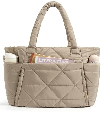 bagsmart Tote Bag for Women, Puffy Tote Bag with Zip, Large Quilted Shoulder Bag with 15.6 Inch Laptop Compartments for Travel, Work, Gym