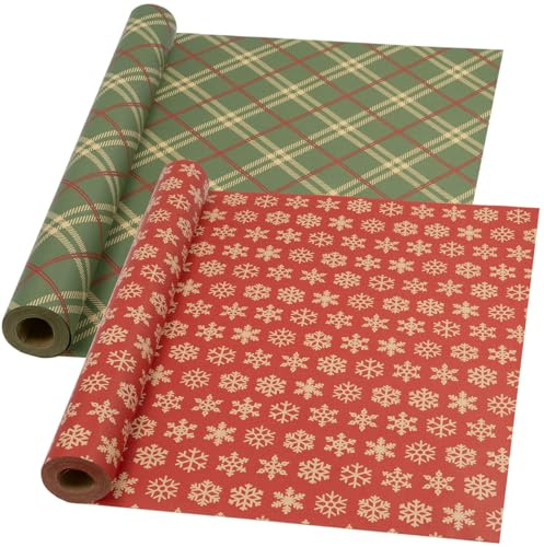 DOJoykey Weihnachts-Geschenkpapierrolle zum Recyceln: 2 Rollen Geschenkpapier, festliches Kraftpapier, 43 cm x 15 m, zum Verpacken von Geschenken für Weihnachtsfeiern