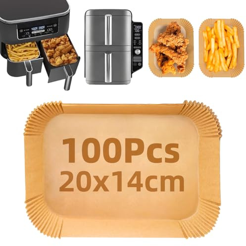 Bakplåtspapper Airfryer med Dubbelkammare, 100 stycken Förtjockade 20x14 cm Rektangel Papper Tillbehör för Ninja AF300EU / AF400EU / SL400EU /Cecotec 9L Andra Dubbla Airfryer