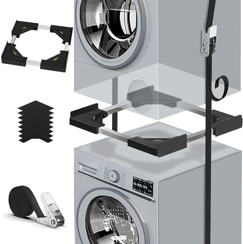 Kit d'Empilage Universel Machine à Laver & Sèche-Linge | Cadre Réglable 45-68cm/17.7-26.8 avec Sangle à Cliquet Renforcée | Anti-Vibration & Installation Sans Perçage (Noir)