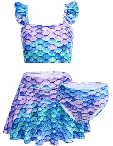 Arshiner Set Bikini per Ragazze 3 Pezzi Costume da Bagno A Sirena Floreale per Bambini con Volant Tankini con Gonna 5-12 Anni