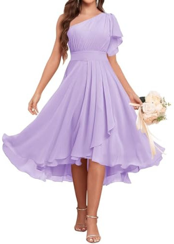 Vestido corto de gasa con un hombro descubierto, para dama de honor, vestido formal de noche, cóctel, fiesta, Lila, 42