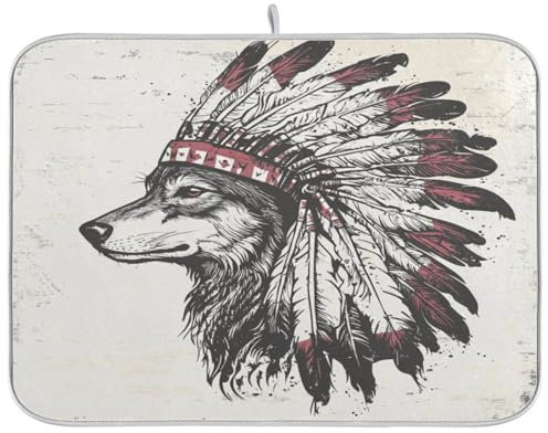 Western Cowboy Indian Headdress Tribal Wolf White Drying Dish Mat Absorbent Dish Mats for Counter Heat Resistant Countertop Protector Kitchen Counter Gadgets Large 18 x 24 Inch
