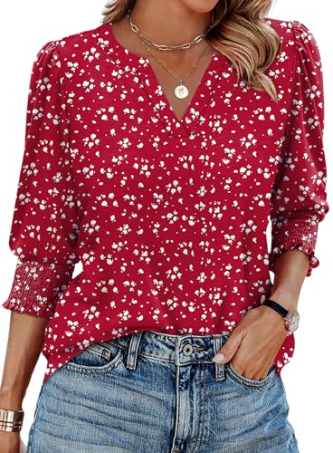 Aokosor Womens 3/4 Sleeve Tops Ladies Blouses V Neck T Shirts Puff Sleeve Tunic Curved Hem Office Wear Size 18-20 Red White Dot
