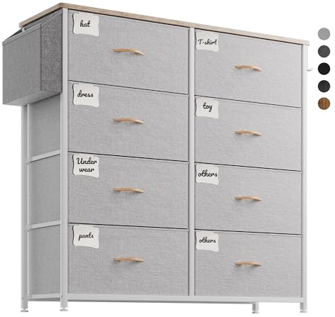 PURFINO Kommode mit Stoffschubladen - Stoffkommode aus Canvas mit 8 großen Schubladen, Etikettenkarten, Seitentasche & Haken für Wohnzimmer, Flur, Schlafzimmer