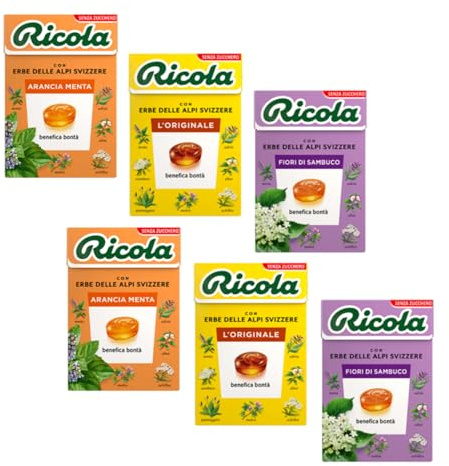 Ricola | Caramelle Arancia Menta | Caramelle Erbe Balsamiche | Caramelle Fiori di Sambuco | Caramelle alle Erbe Senza Zucchero 6 Astucci