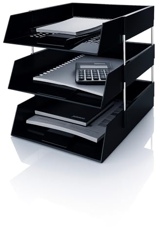OS Smart Choice A4 Letter Trays, 3-Tier Stackable Document Organiser, Plastic Desktop Filing System, BLACK