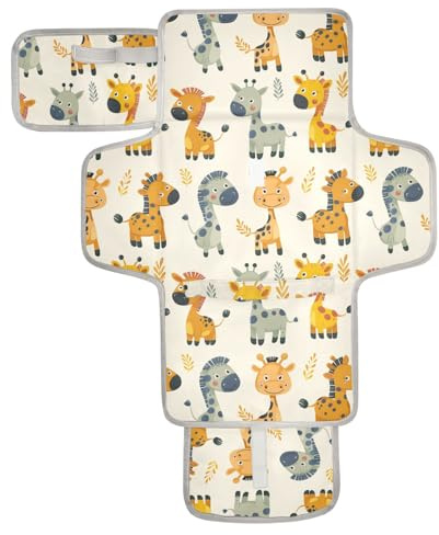Wiederverwendbare Wickelunterlage mit Taschentuchtasche, wasserdichte Pads für Babys, mit integriertem Kissen, Cartoon-Giraffe, Gelb
