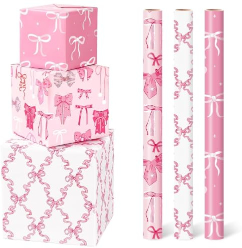 WERNNSAI 3 Rollen Schleife Geschenkpapier 3m x 43cm Rosa Mädchen Kinder | Schleife Bogen Geschenkpapier für Mädchen und Kinder, Rosa Prinzessin Geschenk Verpackung, Geburtstagsparty Dekorationen