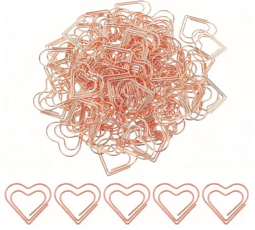 KLINNA Lot de 50 trombones en forme de cœur or rose, petits et nobles dans un distributeur, idées avec cœur, motif amour, trombones et clips à papier, bureau, école, salle de classe, trombones (or