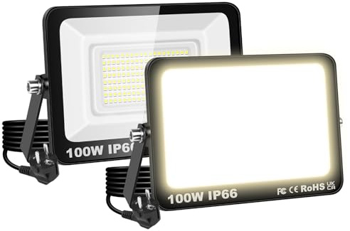 RIGIDON 2x LED Strahler Außen, 100W 10000LM 3000K Warmweiß IP66 Wasserdicht | mit Stecker, Led Scheiwerfer Außenstrahler Fluter Flutlicht Spotlight Außenlampe für Garage Garten Sportplatz Terrasse Hof