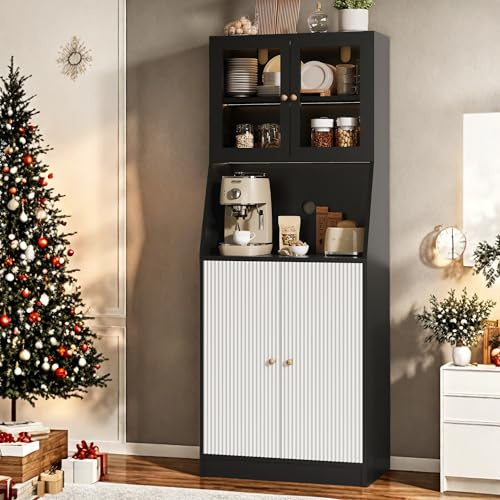 FEEOHOME Küchenoberschrank, Küchenschrank, Multifunktionaler Küchenschrank mit LED und verstellbarem Regal, Küchenschrank, Vorratsschrank, Buffetschrank, 70x40x180cm (Schwarz)