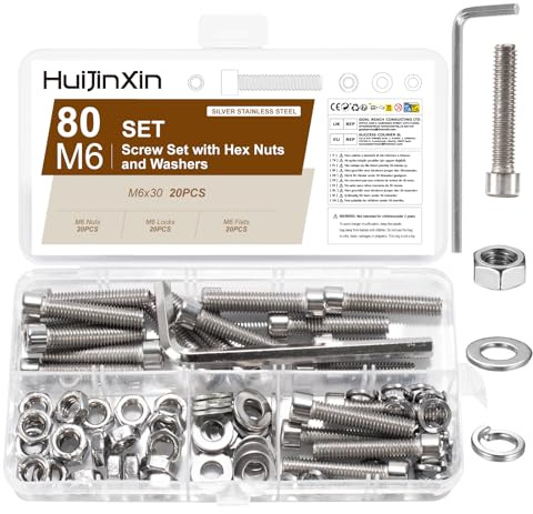 80 Stück M6x30mm Schrauben Set,Innensechskant Schrauben Muttern Set,Edelstahl Zylinderschrauben mit Muttern Sets,Sechskantschrauben Unterlegscheiben Sortiment,Maschinenschrauben Gewindeschrauben
