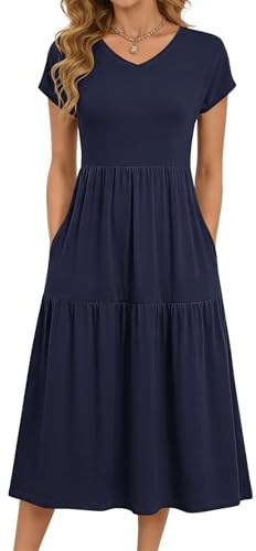 PLOKNRD Women's Summer Dress V Neck Tiered Midi with Pockets | V-neck midi with side pockets, soft jersey. Summer fashion essential: relaxed fit for office, holiday, beach & daily wear