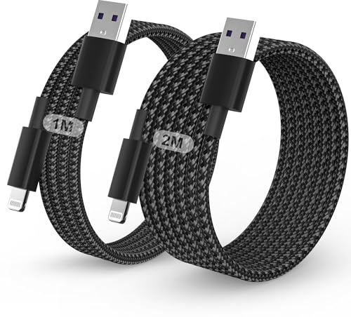 iPhone Charger Cable, 2Pack 1M+2M for Lightning to USB Cable MFi Certified, Fast Charging Braided Lead for Apple iPhone 14/13/12/11/Pro Max/XS/XR/8/7/6/Plus/5 SE, for iPad (Black)