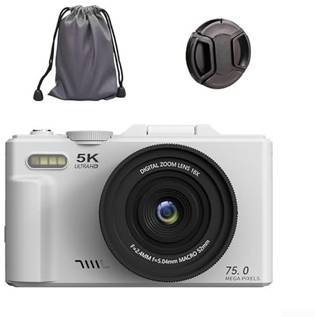Cámara digital 5K 75MP 18X Zoom con pantalla abatible de 3 pulgadas, cámara de vlogging WiFi HD para fotografía y viajes, cuerpo de metal, enfoque automático, negro, blanco y rosa (blanco)