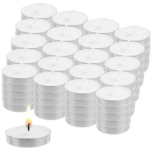Paquete grande de velas de té, 100 unidades, 8 horas de combustión, color blanco, duración de combustión, velas decorativas para el hogar, sin aceite de palma, combustión limpia