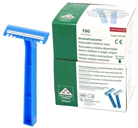Einmalrasierer 2 Klingen – 100 Stück Box – Einwegrasierer für Krankenhaus, Pflege, Klinik & Hygieneanwendungen – Hygienisch einzeln verpackt – Rasierer für Einmalgebrauch. Heinz Herenz.