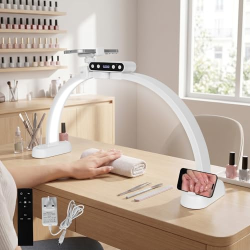 LPQKCcY Halbmond Lampe Kosmetik, 23 Dimmbare LED Nageltisch Lampe mit 3 Farbmodi, Klappbare Bogenlampe mit Handyhalterung für Maniküre-Kunst, Beauty und Tattoos