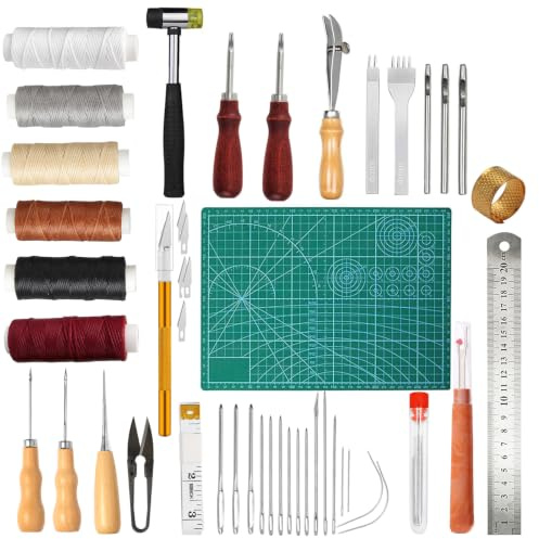Juego de manualidades de cuero con agujas de cuero e hilo encerado | Juego completo de herramientas con base de corte, tenedor y mandolina – Para manualidades, reparaciones y proyectos de manualidades