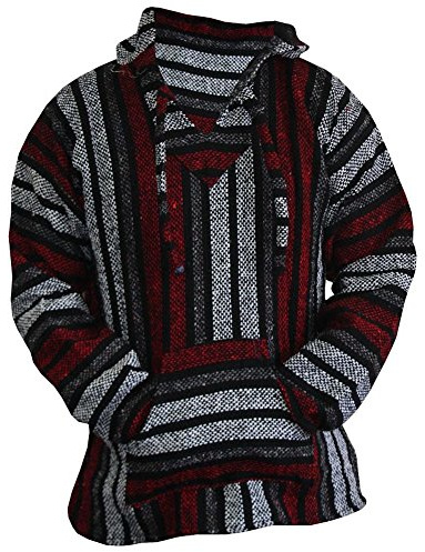 Mexican Baja Hoodie Hippie Surf Poncho Sweater Sweatshirt Pullover Jerga (Large, Red/Gray)
