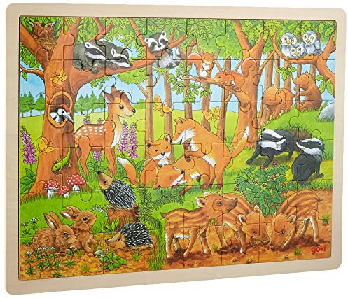 goki 57734 - Einlegepuzzle Tierkinder im Wald aus Holz, Holzpuzzle mit Tiermotiven, Lernspielzeug und Kinderpuzzle, fördert Fantasie und Motorik der Kinder, 40cm x 30cm, 48er Set, ab 3 Jahre