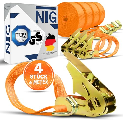 NTG Spanngurte mit Ratsche 4 Stück 4m 800 kg - TÜV/GS geprüft Haken 25mm | Ratschengurt Zurrgurte 25 mm 0,8 Tonnen - Ladungssicherung für LKW - auch als 2 - 6 - 8 - 10 oder 20 Set erhältlich