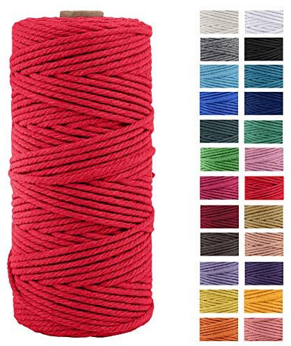 JeogYong Naturliches Baumwolle Garn, Baumwollgarn Makramee-Seil Weiches Baumwoll-Seil, zum Wandbehänge, Pflanzenhalter, Basteln, Heimtextilien, Geschenkverpackung 3mm x 109 Yards (Rot)